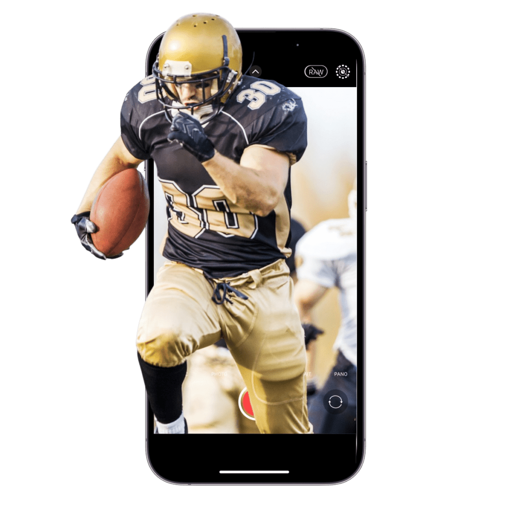 football player running out of a mobile phone like he is breaking past the screne