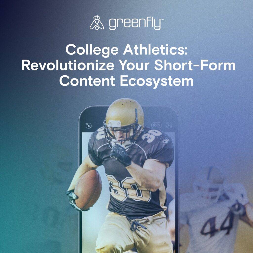 College Athletics: Revolutionize Your Short-Form Content Ecosystem with football players image in mobile phone and Greenfly logo for content college athletics, square image