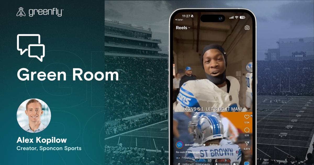 Instagram football player post in phone with Greenfly logo, Green Room, headshot on football image background. Packaging sponsored content sports.