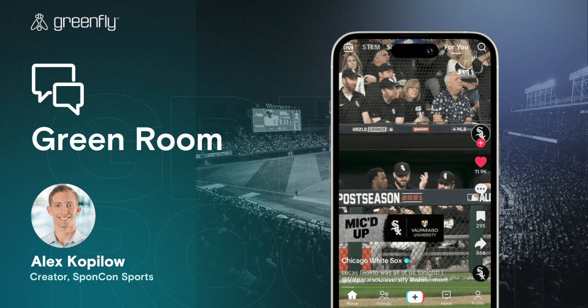 TikTok baseball post in phone with Greenfly logo, Green Room, headshot on baseball image background. Sponsored content in sports.