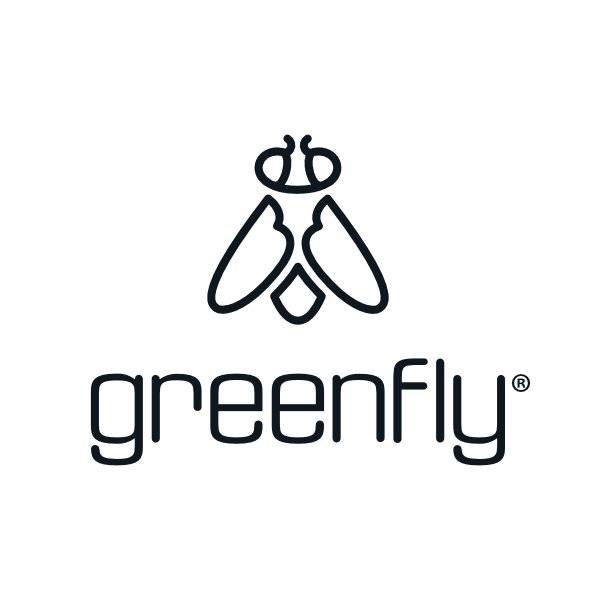 Black vertically stacked Greenfly logo mark and logo.