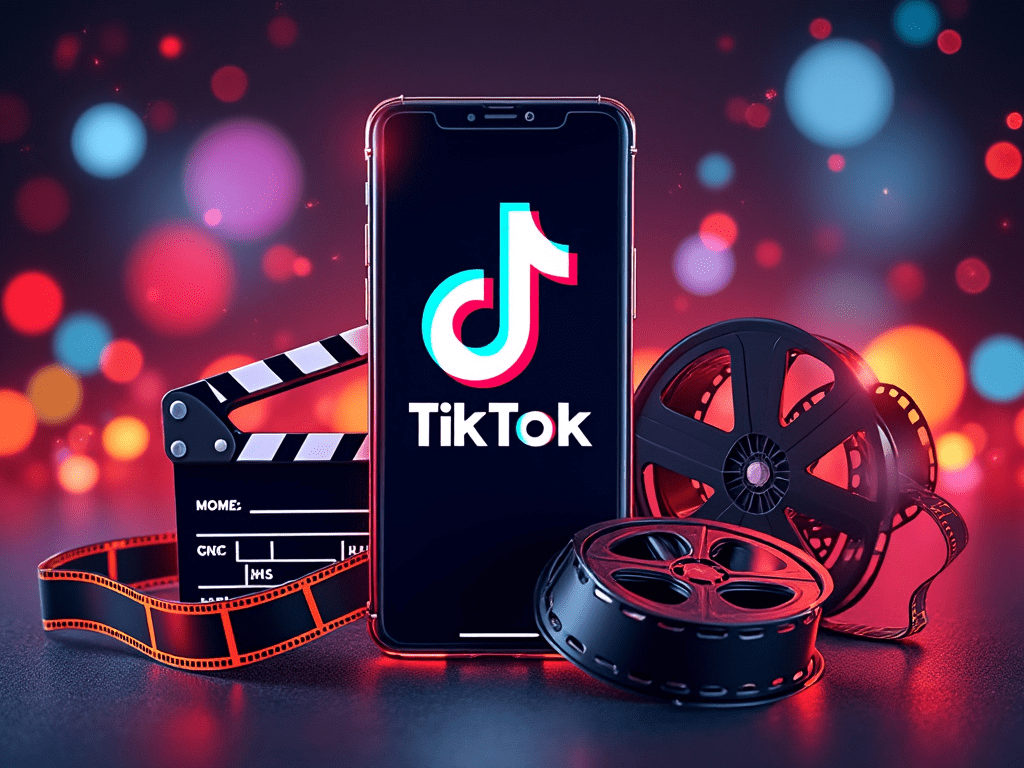 Phone with TikTok logo in is surrounded by film reel and lights